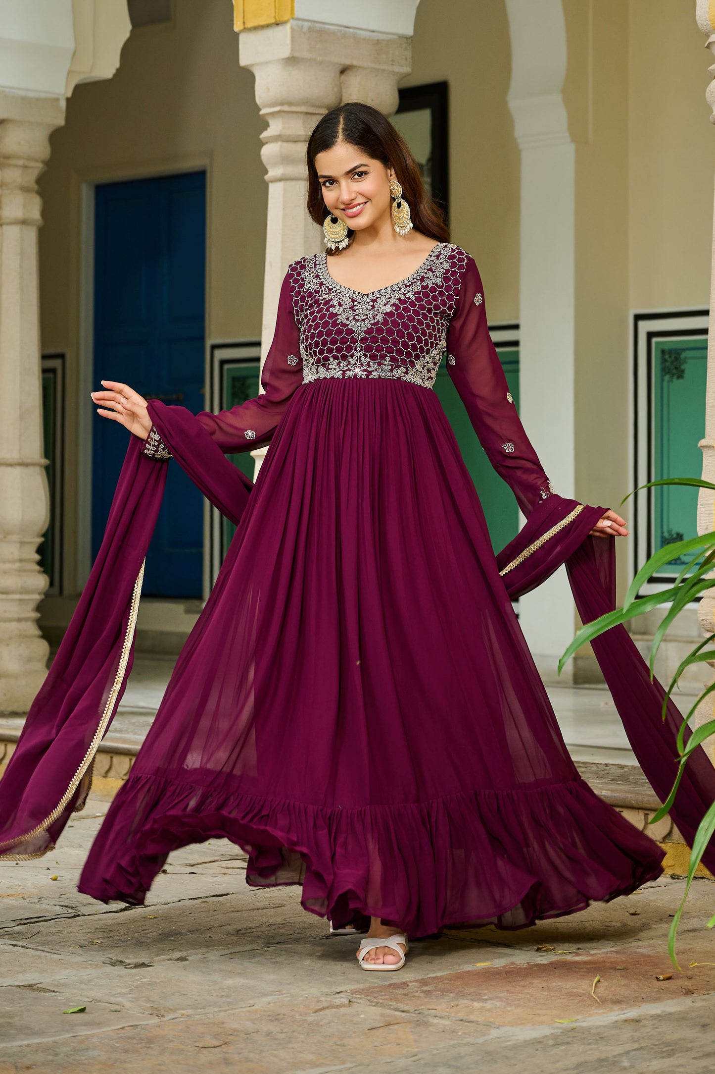Royal Wine Embroidered Bodice Gown with Dupatta