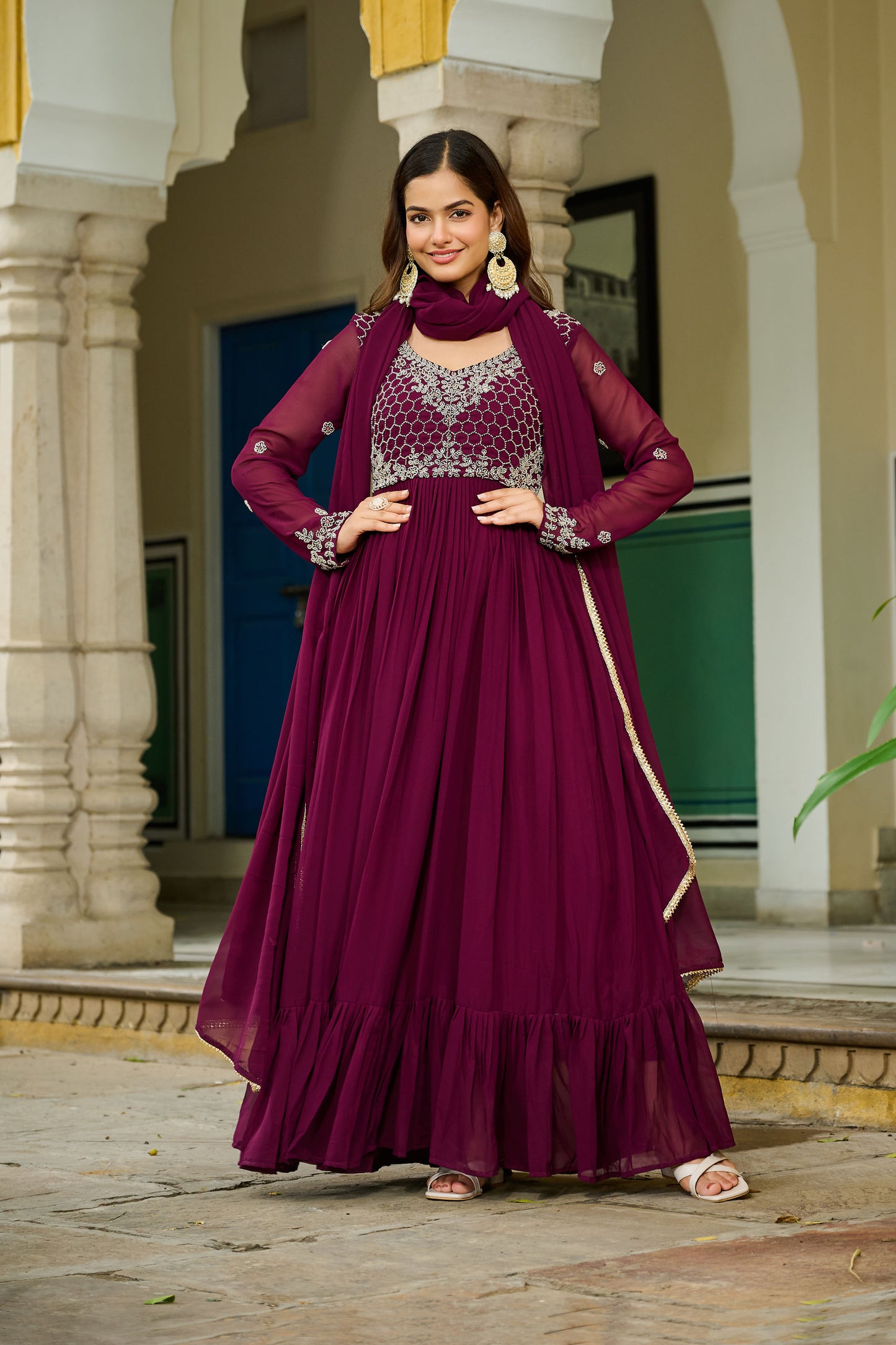 Royal Wine Embroidered Bodice Gown with Dupatta