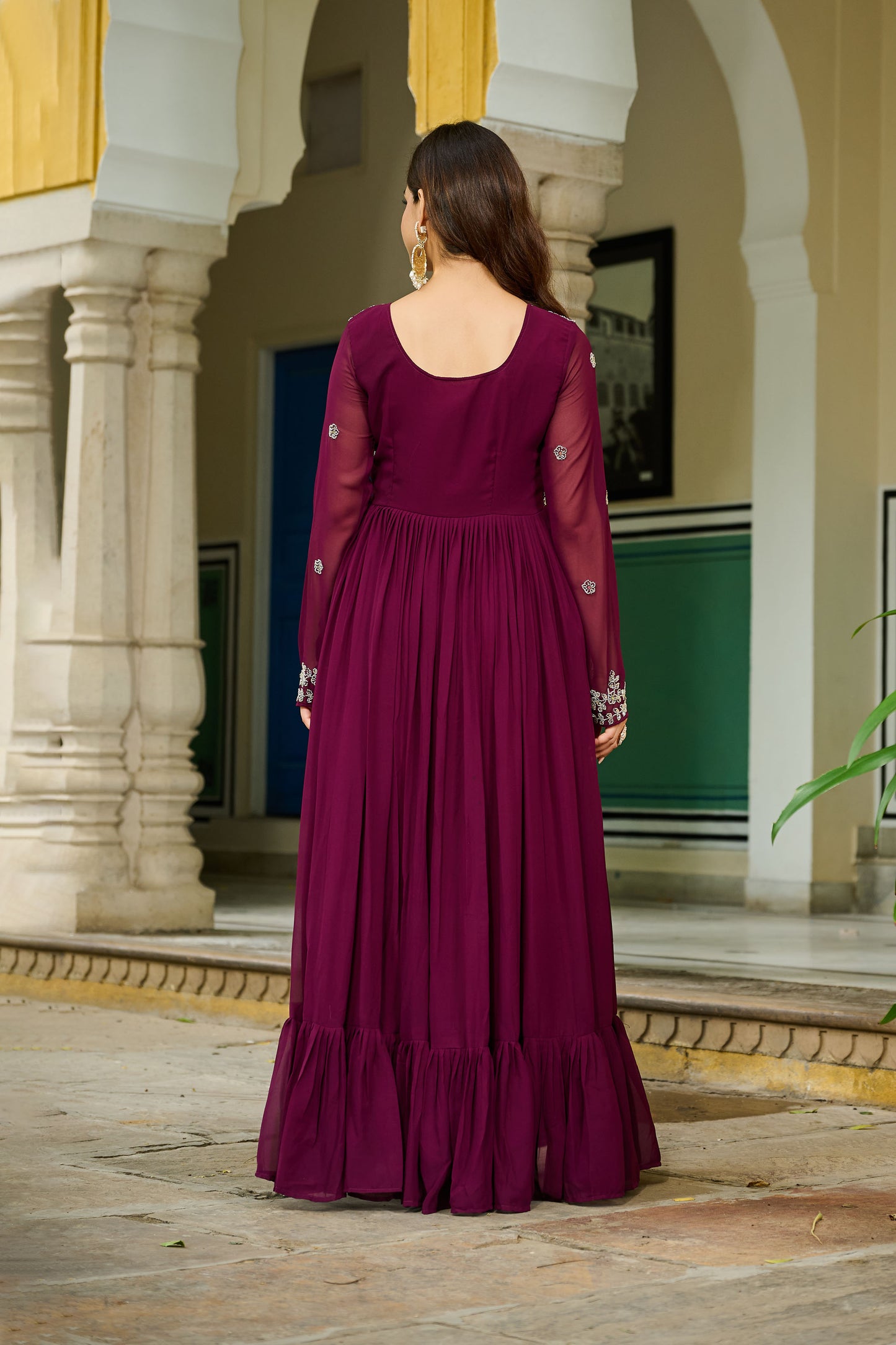 Royal Wine Embroidered Bodice Gown with Dupatta