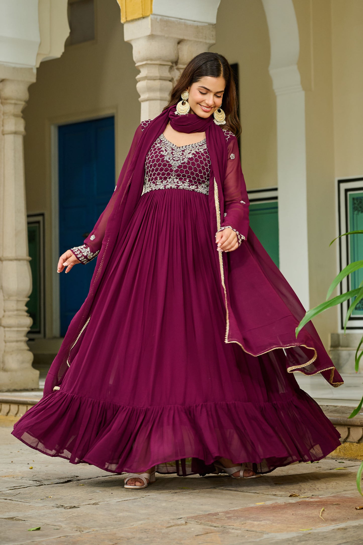 Royal Wine Embroidered Bodice Gown with Dupatta