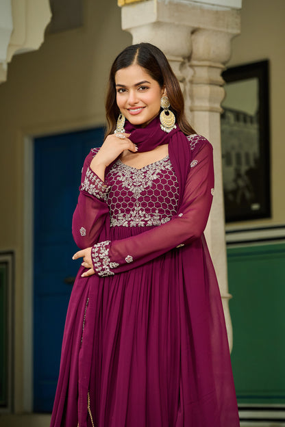 Royal Wine Embroidered Bodice Gown with Dupatta