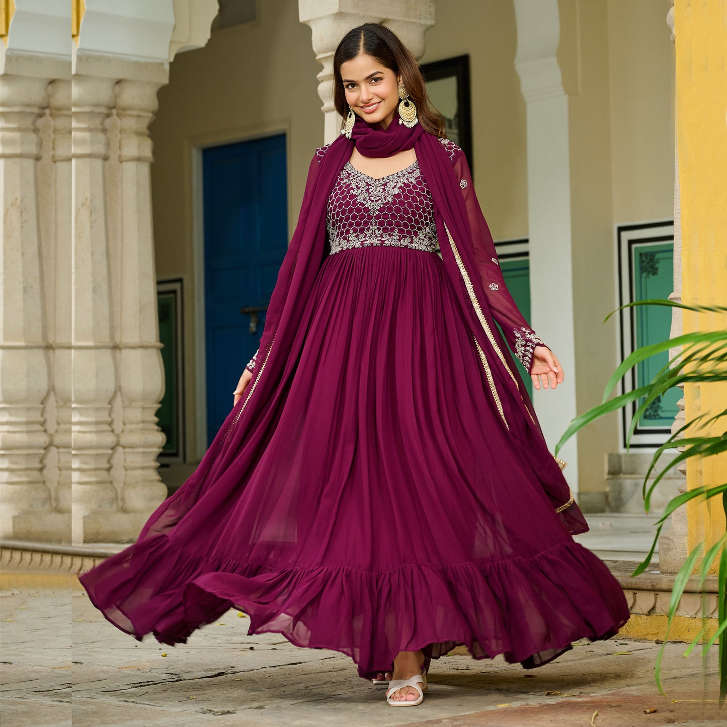 Royal Wine Embroidered Bodice Gown with Dupatta