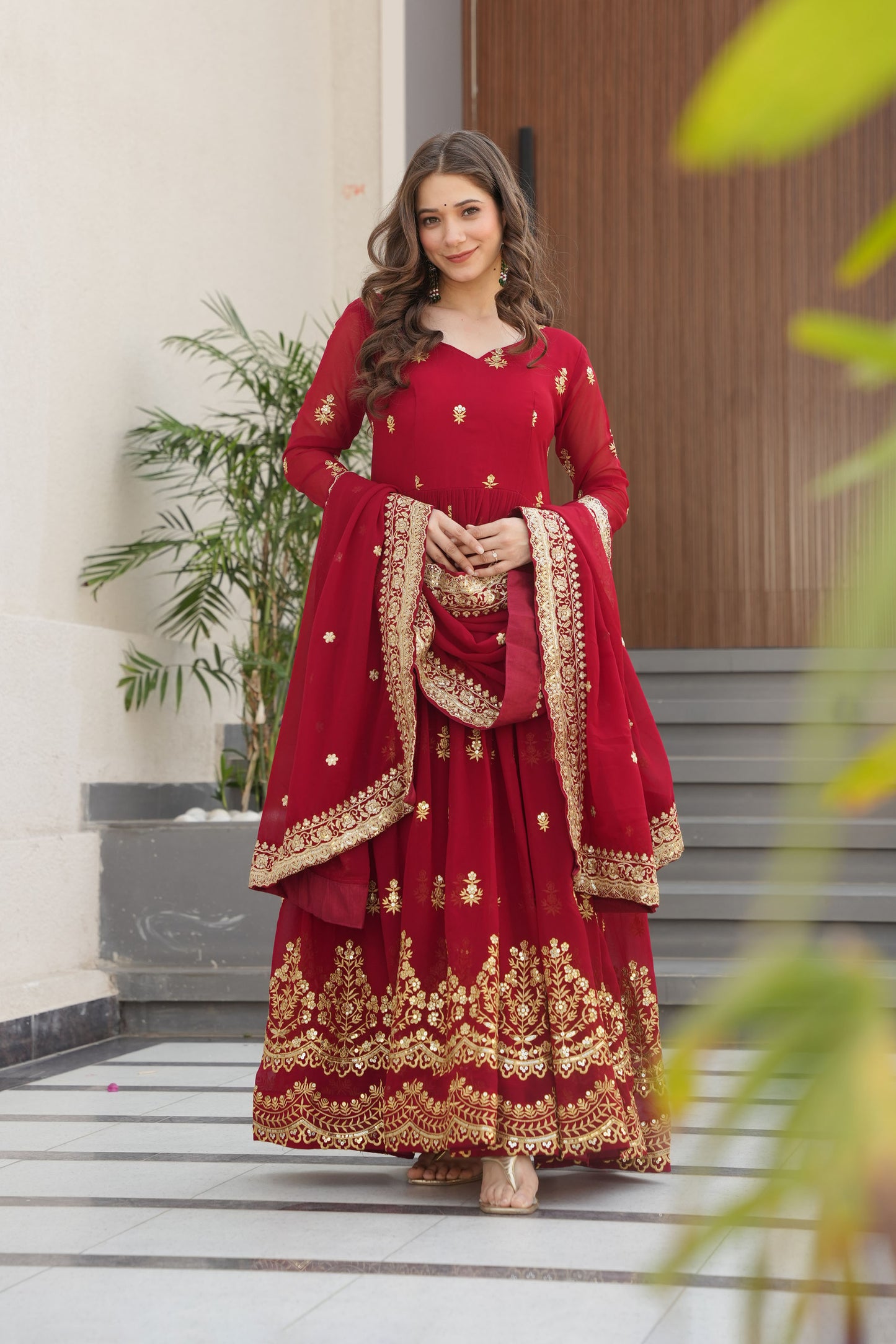 Regal Maroon Gold Embroidery Gown with Dupatta