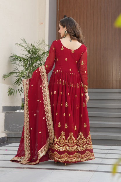 Regal Maroon Gold Embroidery Gown with Dupatta