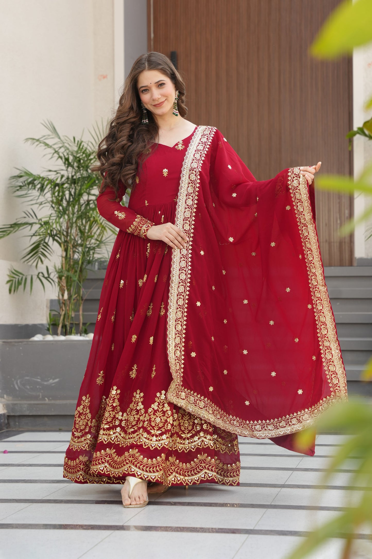 Regal Maroon Gold Embroidery Gown with Dupatta