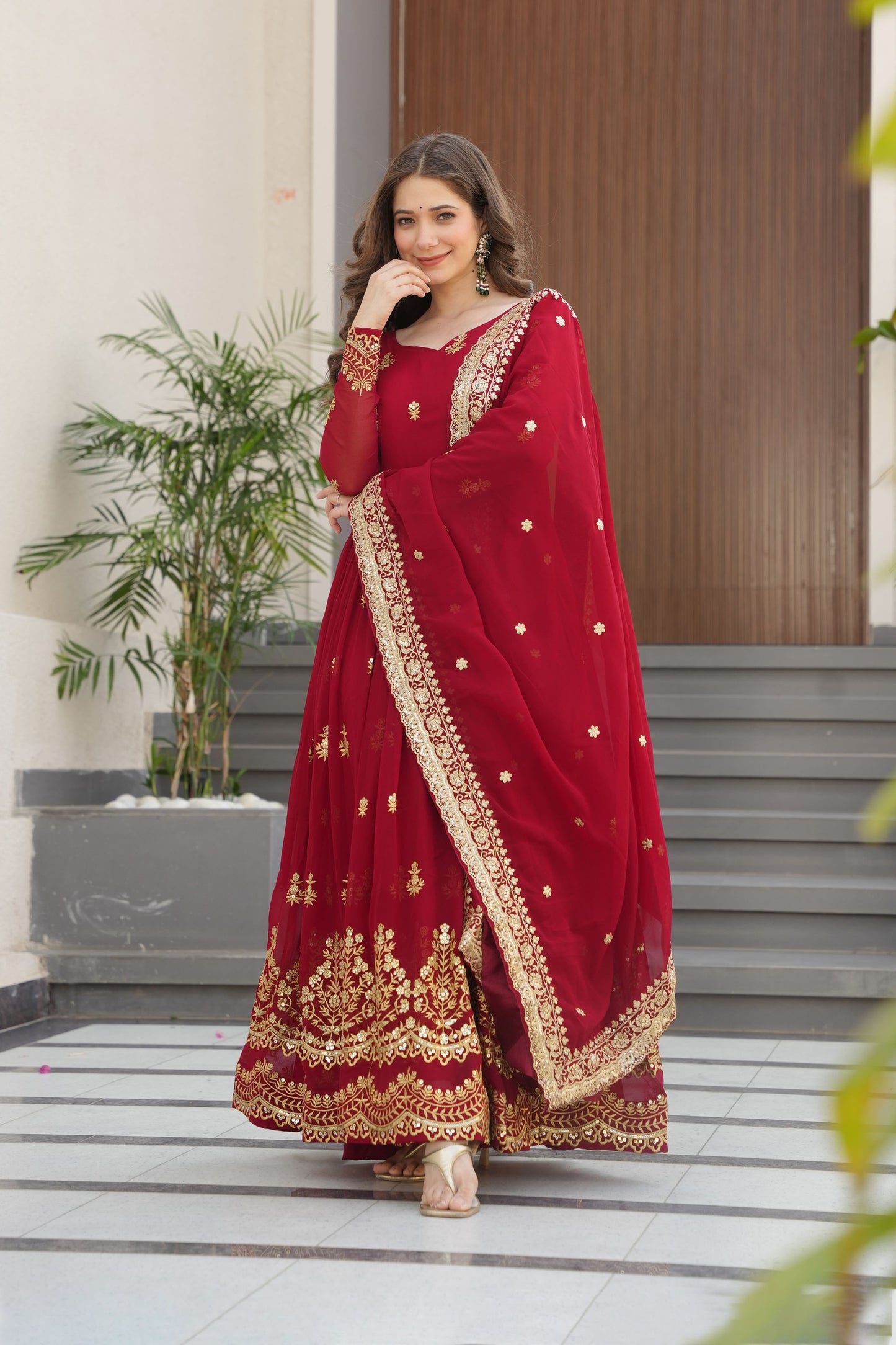 Regal Maroon Gold Embroidery Gown with Dupatta