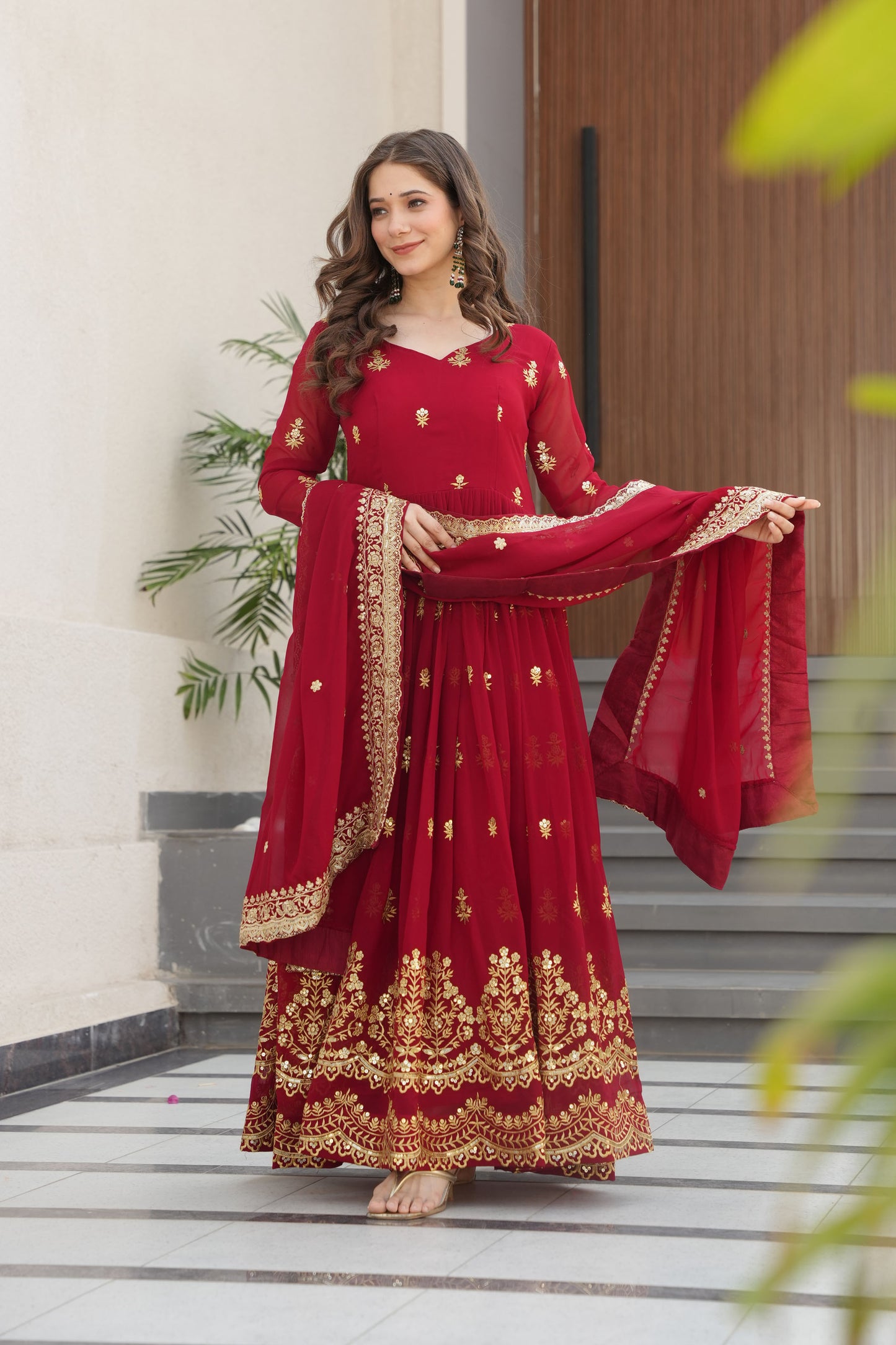 Regal Maroon Gold Embroidery Gown with Dupatta