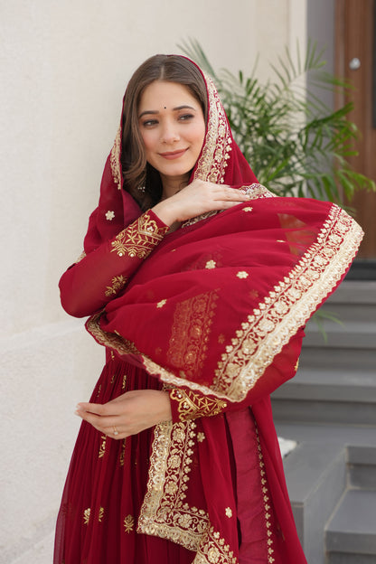 Regal Maroon Gold Embroidery Gown with Dupatta
