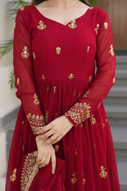 Regal Maroon Gold Embroidery Gown with Dupatta