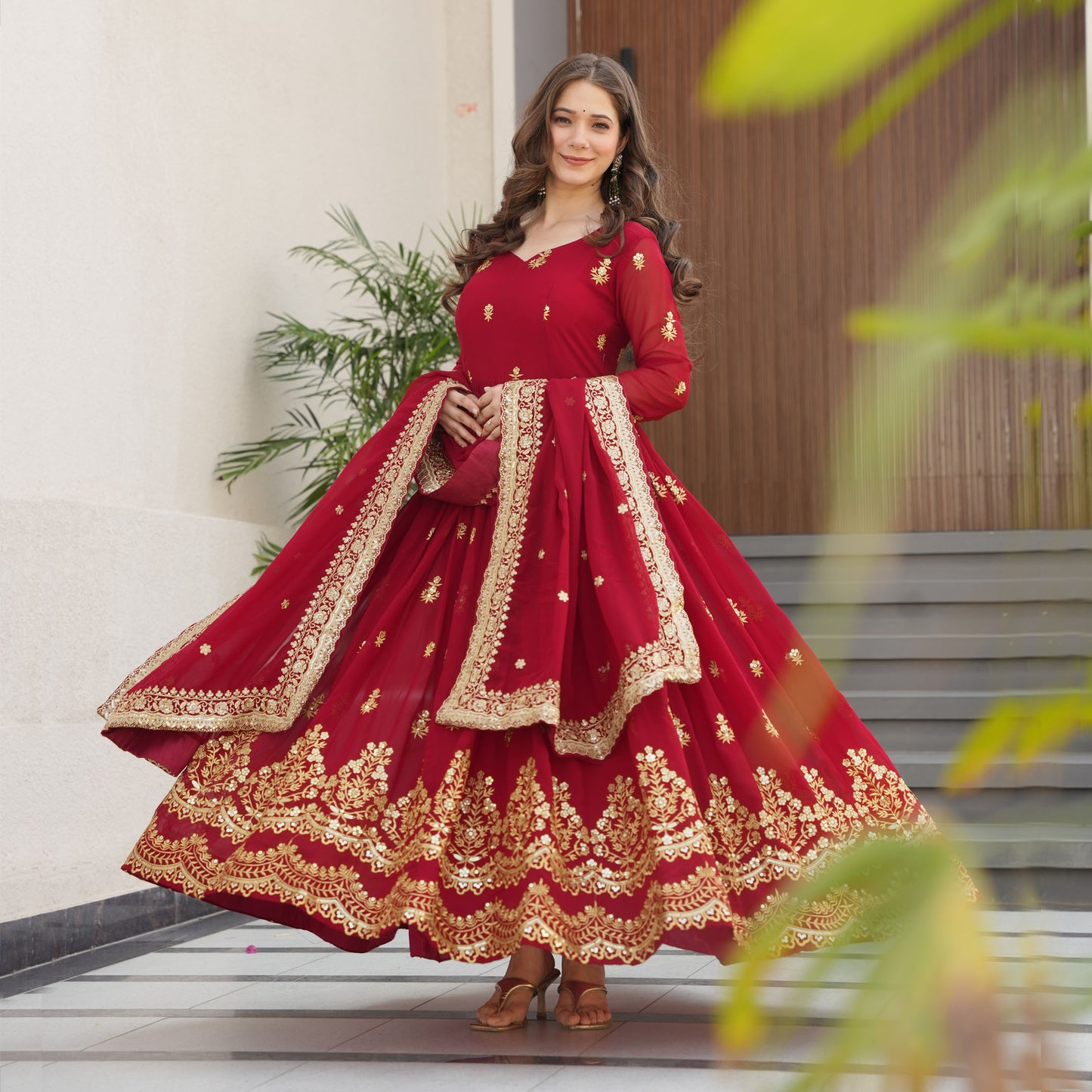 Regal Maroon Gold Embroidery Gown with Dupatta