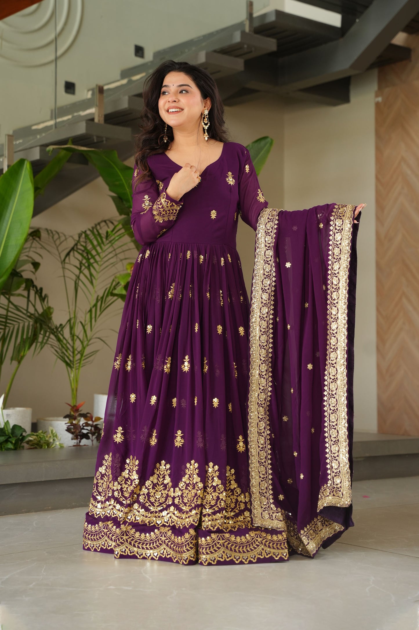 Royal Purple Gold Embroidery Gown with Dupatta