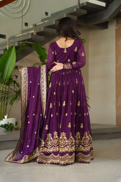 Royal Purple Gold Embroidery Gown with Dupatta