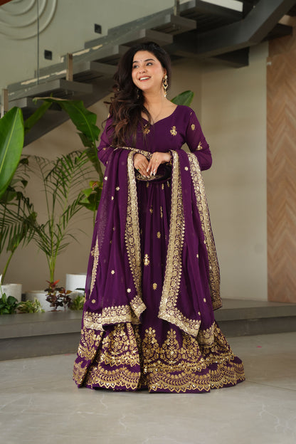 Royal Purple Gold Embroidery Gown with Dupatta