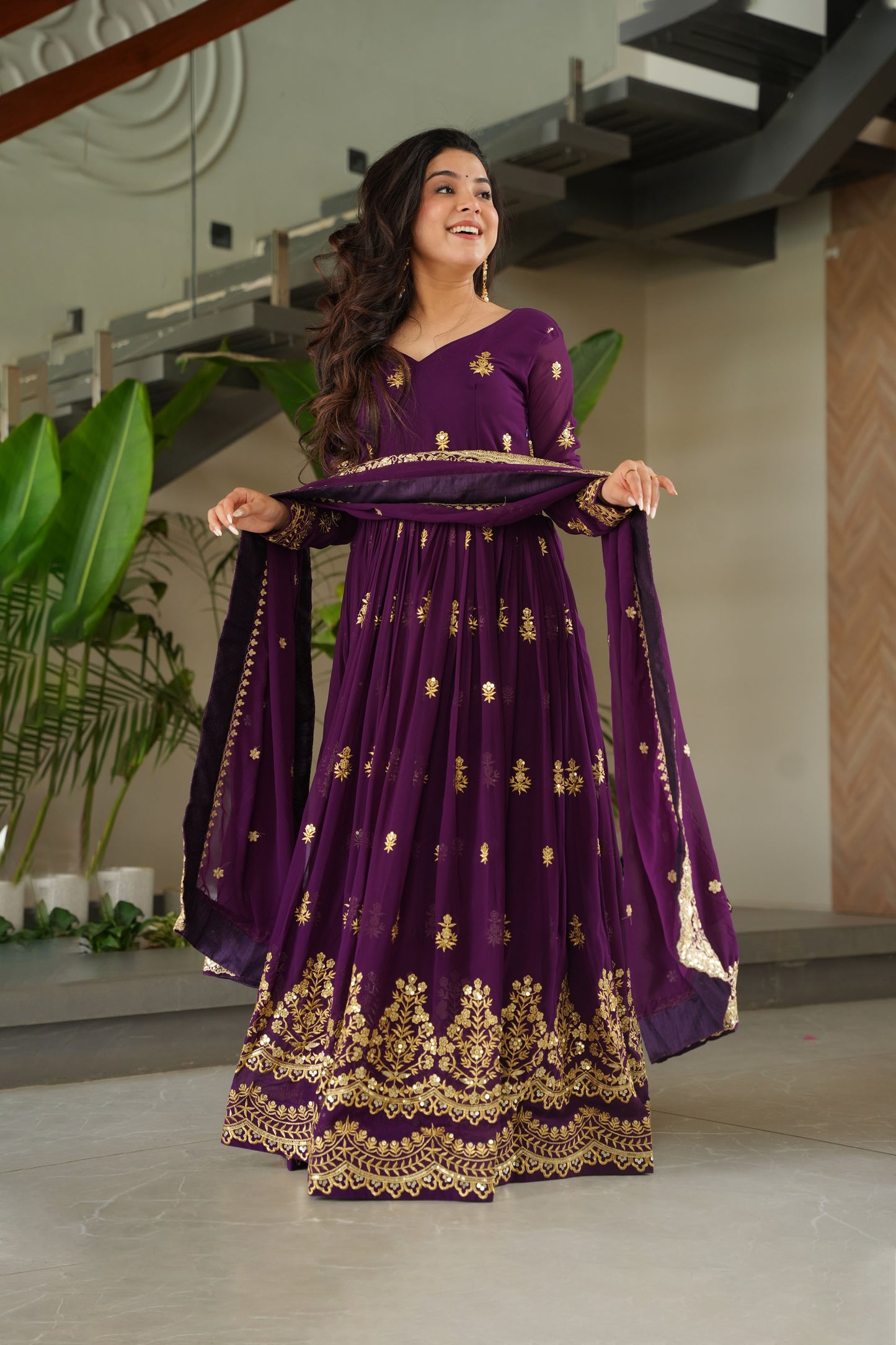 Royal Purple Gold Embroidery Gown with Dupatta