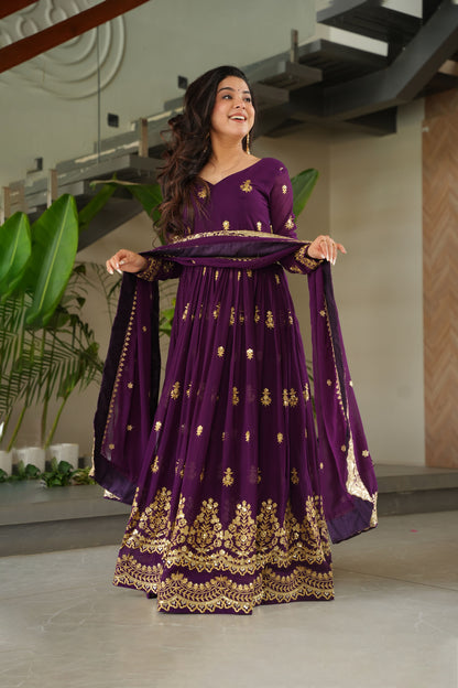 Royal Purple Gold Embroidery Gown with Dupatta