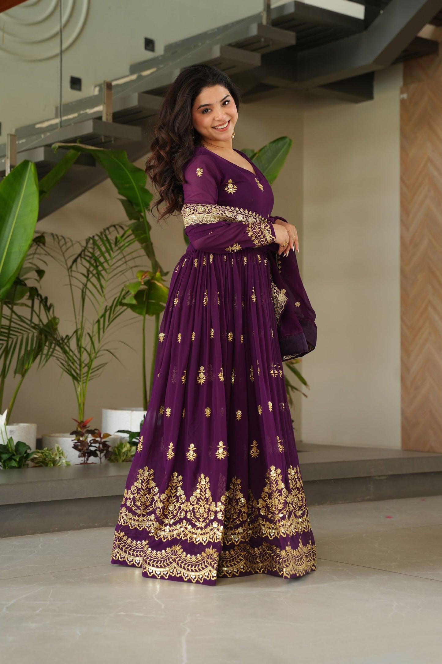 Royal Purple Gold Embroidery Gown with Dupatta
