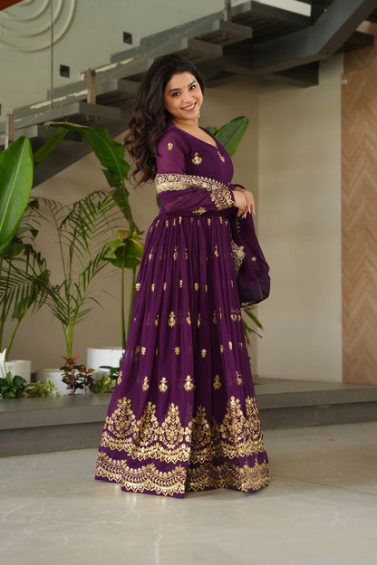 Royal Purple Gold Embroidery Gown with Dupatta