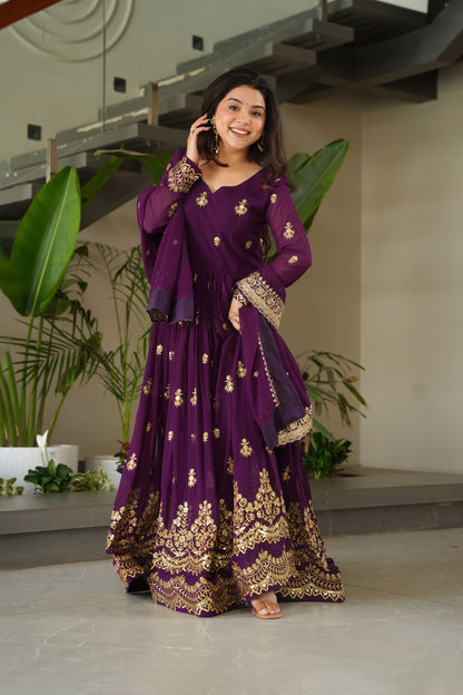Royal Purple Gold Embroidery Gown with Dupatta
