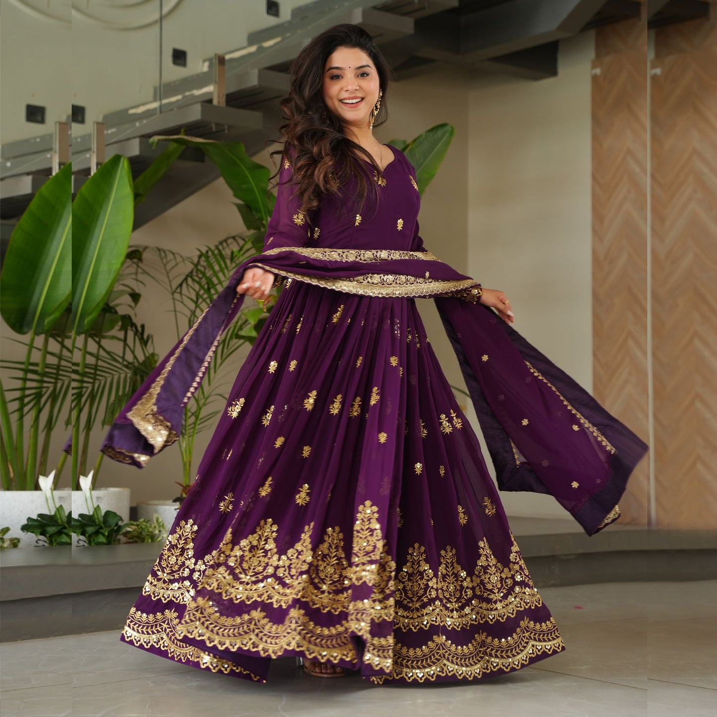 Royal Purple Gold Embroidery Gown with Dupatta