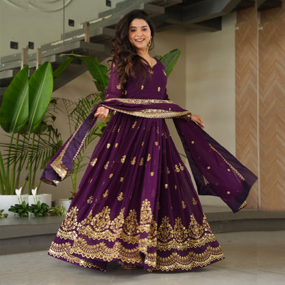Royal Purple Gold Embroidery Gown with Dupatta