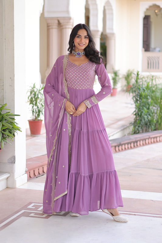 Lavender Tiered Embroidered Gown with Dupatta