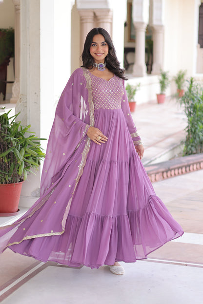 Lavender Tiered Embroidered Gown with Dupatta