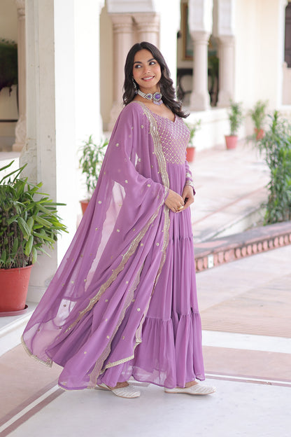 Lavender Tiered Embroidered Gown with Dupatta