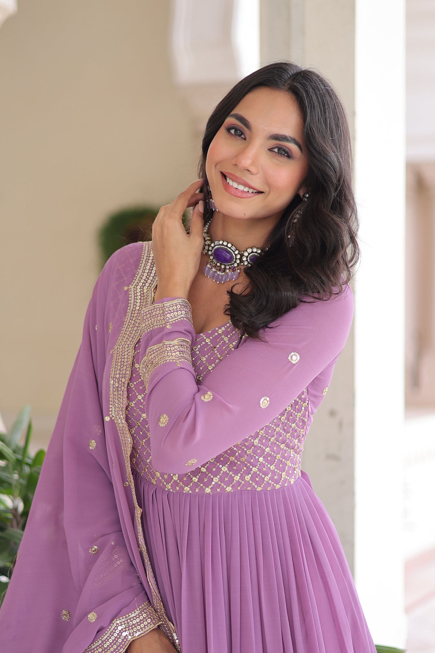 Lavender Tiered Embroidered Gown with Dupatta