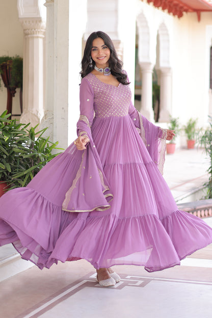 Lavender Tiered Embroidered Gown with Dupatta