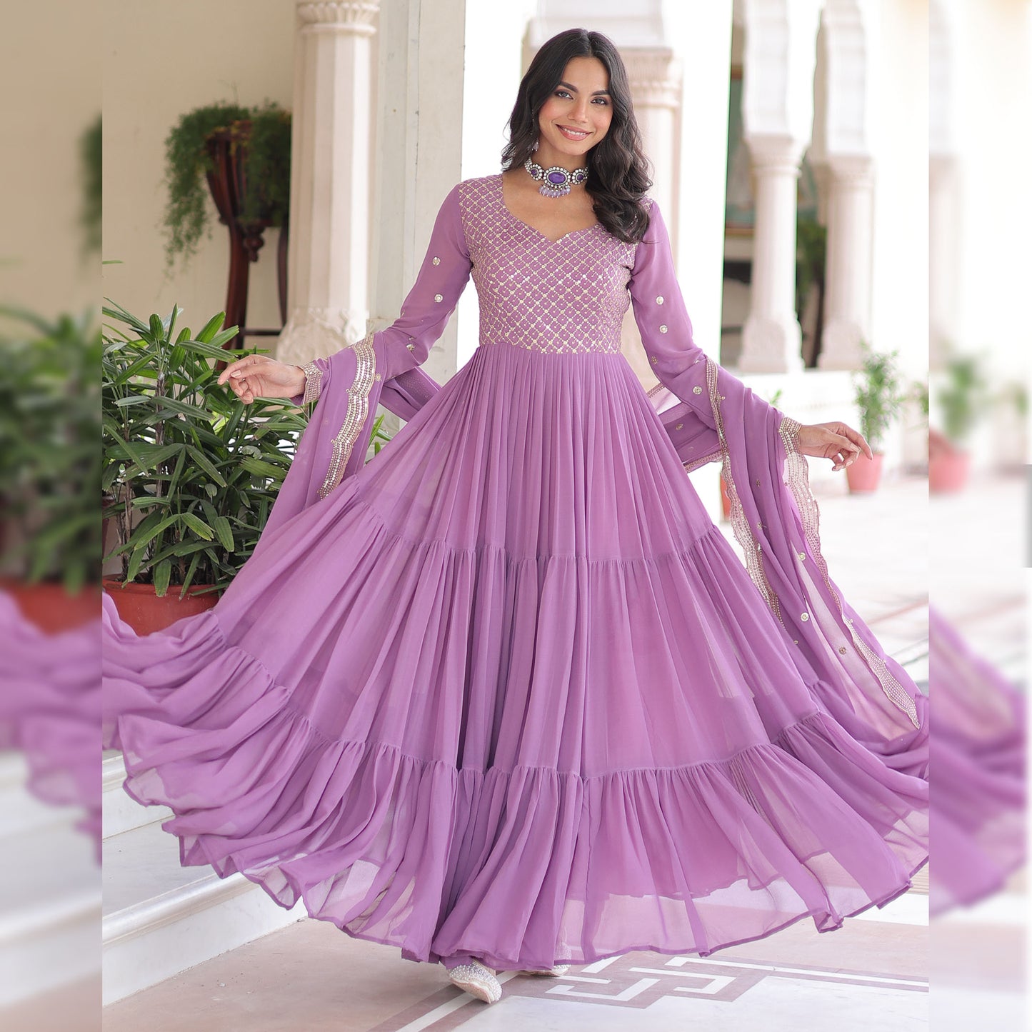 Lavender Tiered Embroidered Gown with Dupatta
