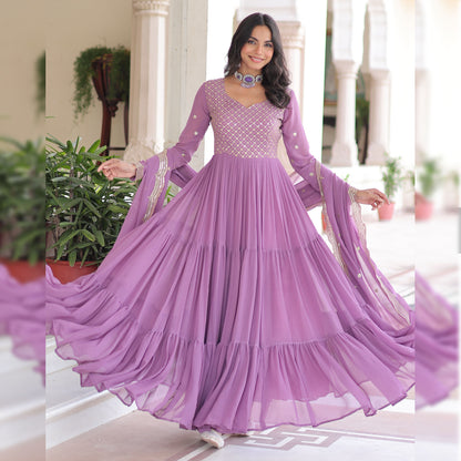 Lavender Tiered Embroidered Gown with Dupatta