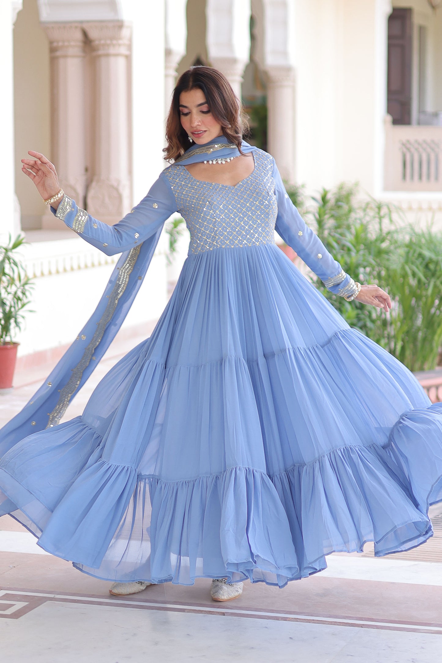 Powder Blue Tiered Embroidered Gown with Dupatta
