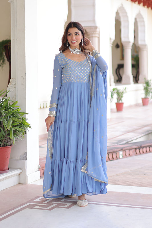 Powder Blue Tiered Embroidered Gown with Dupatta