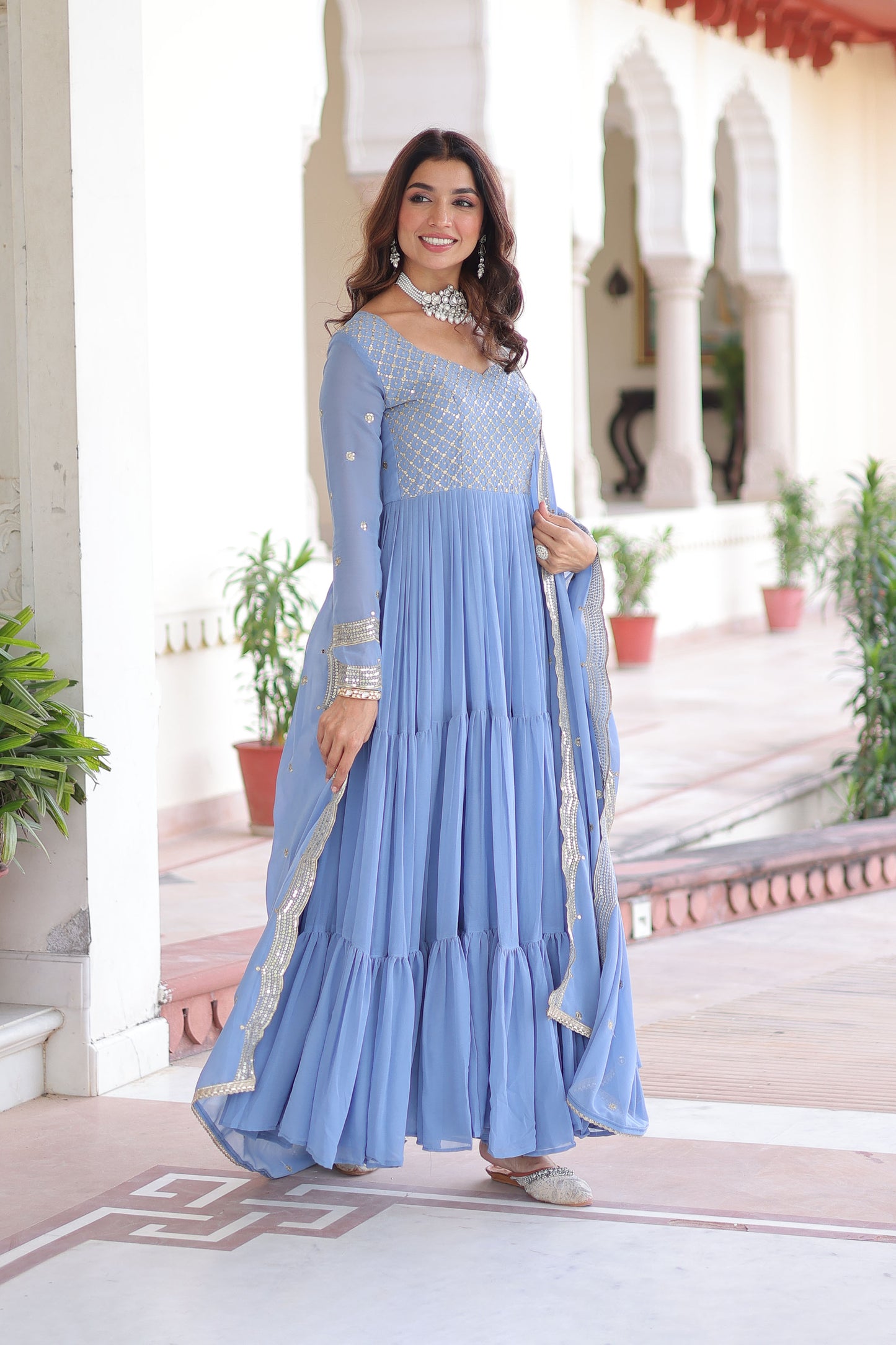 Powder Blue Tiered Embroidered Gown with Dupatta