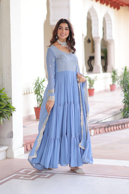 Powder Blue Tiered Embroidered Gown with Dupatta