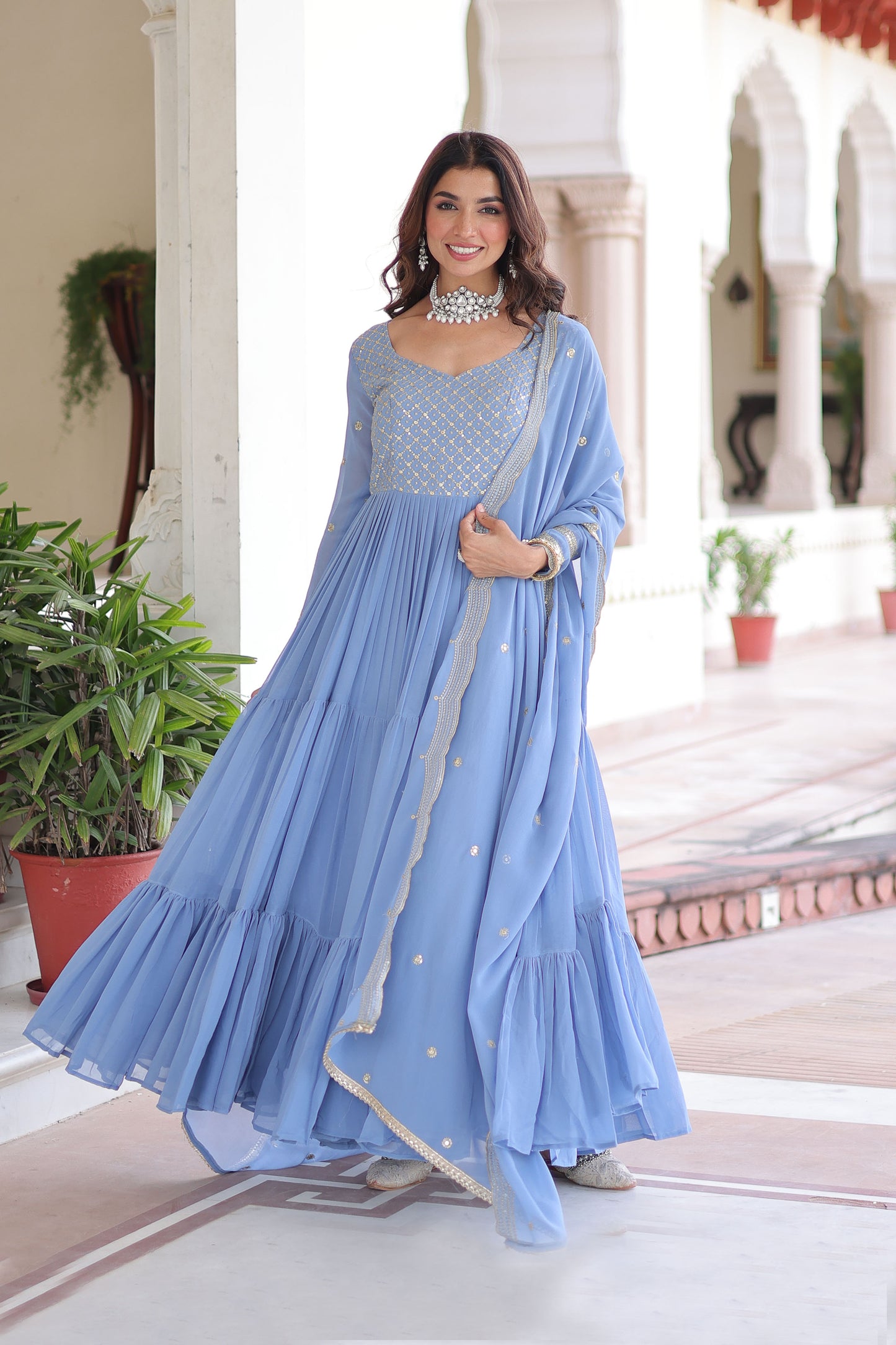 Powder Blue Tiered Embroidered Gown with Dupatta