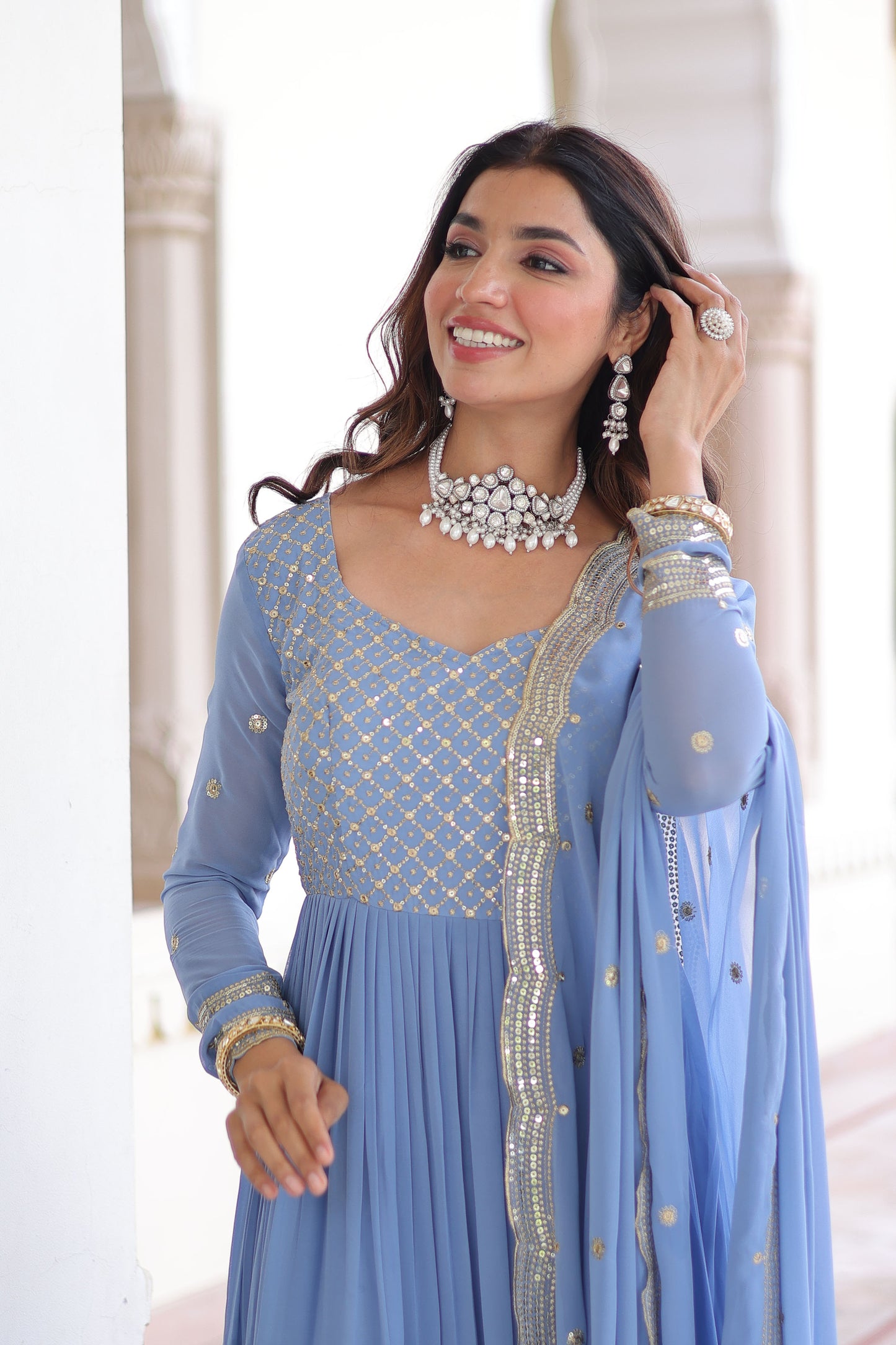 Powder Blue Tiered Embroidered Gown with Dupatta