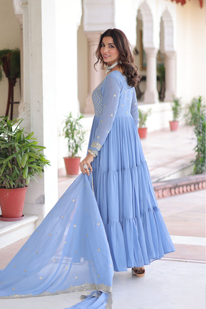 Powder Blue Tiered Embroidered Gown with Dupatta