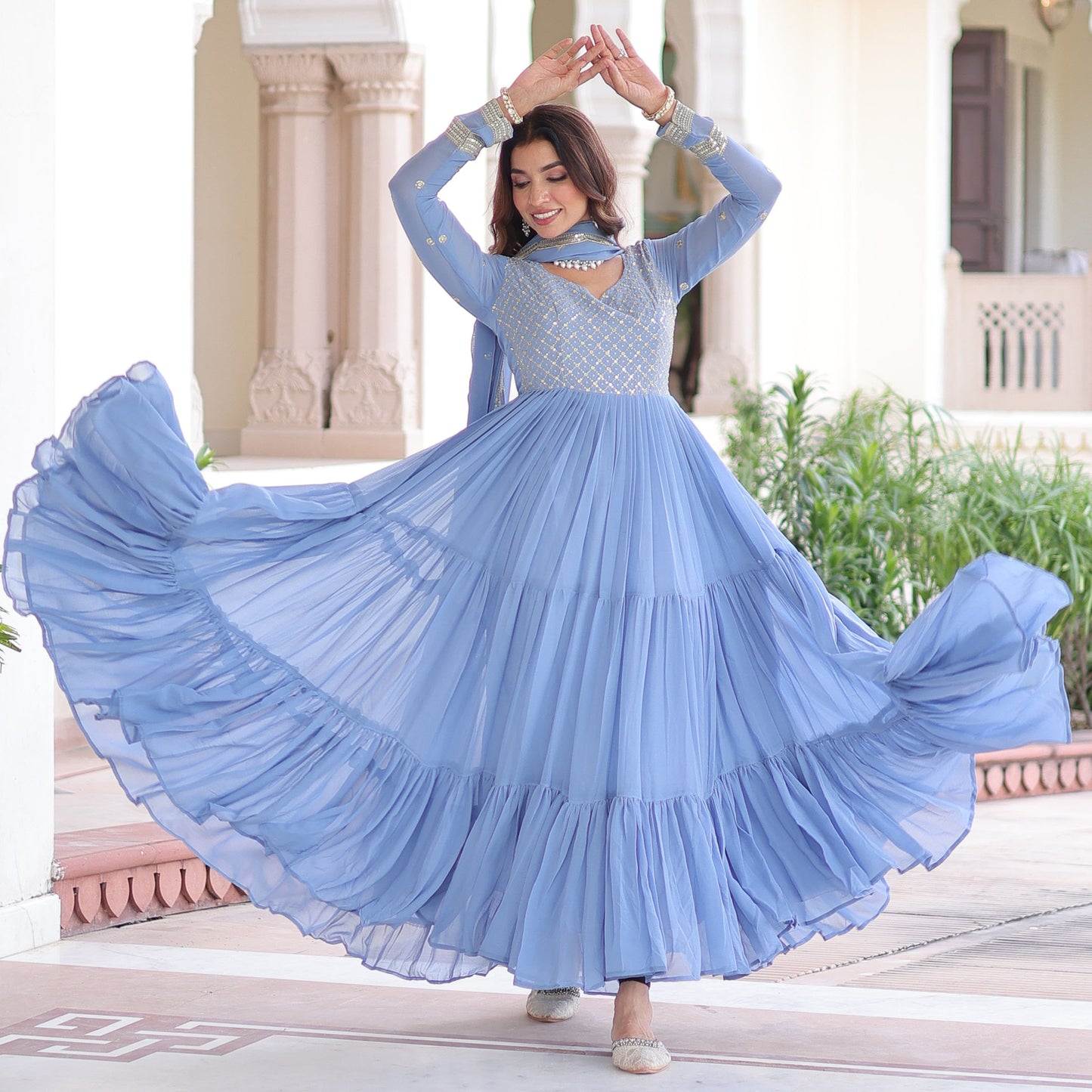 Powder Blue Tiered Embroidered Gown with Dupatta