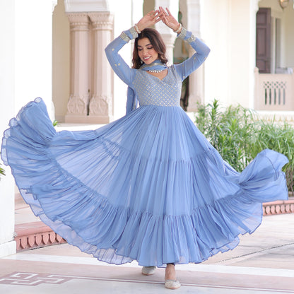 Powder Blue Tiered Embroidered Gown with Dupatta