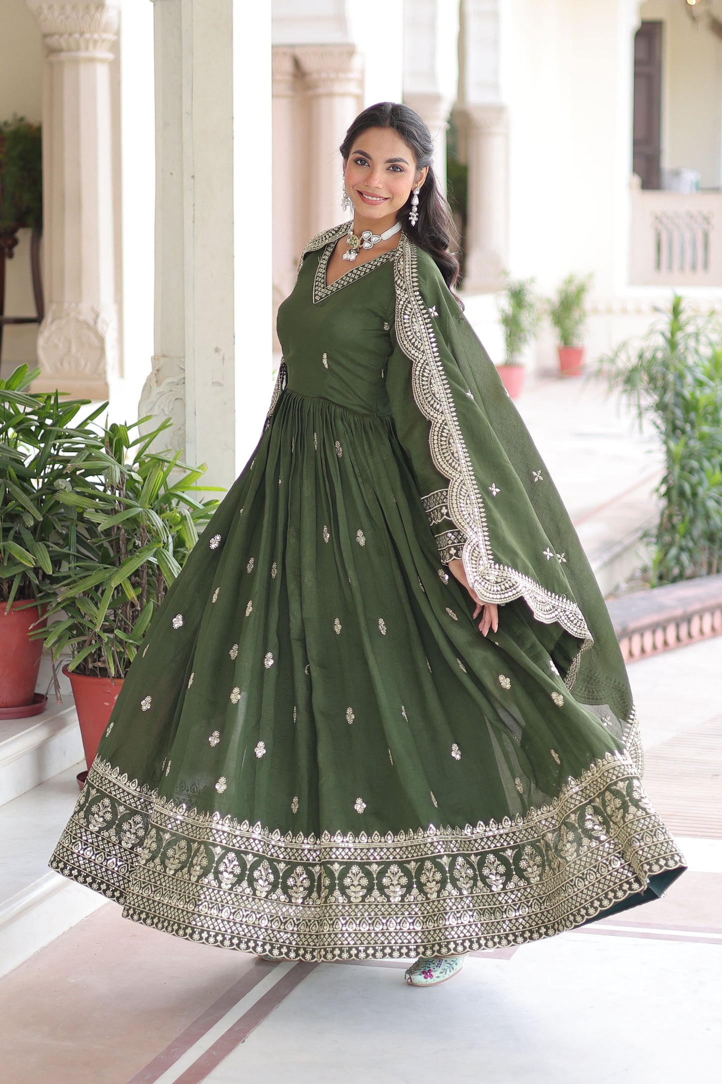 Ocira Emerald Green Gown with Dupatta
