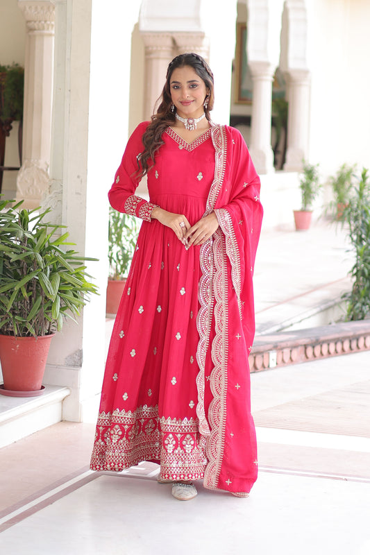 Mrianalika Crimson Red Gown with Dupatta