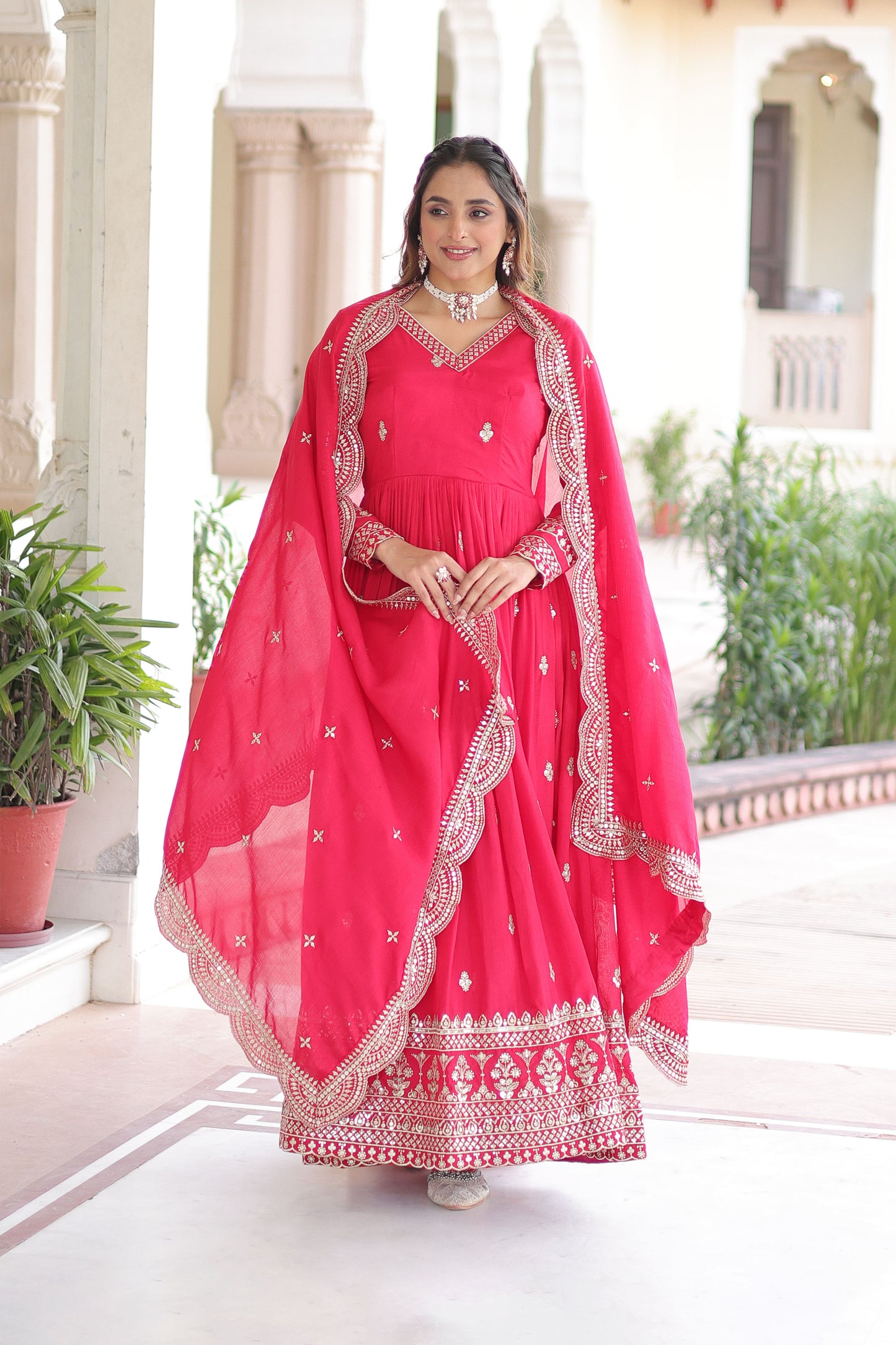 Mrianalika Crimson Red Gown with Dupatta