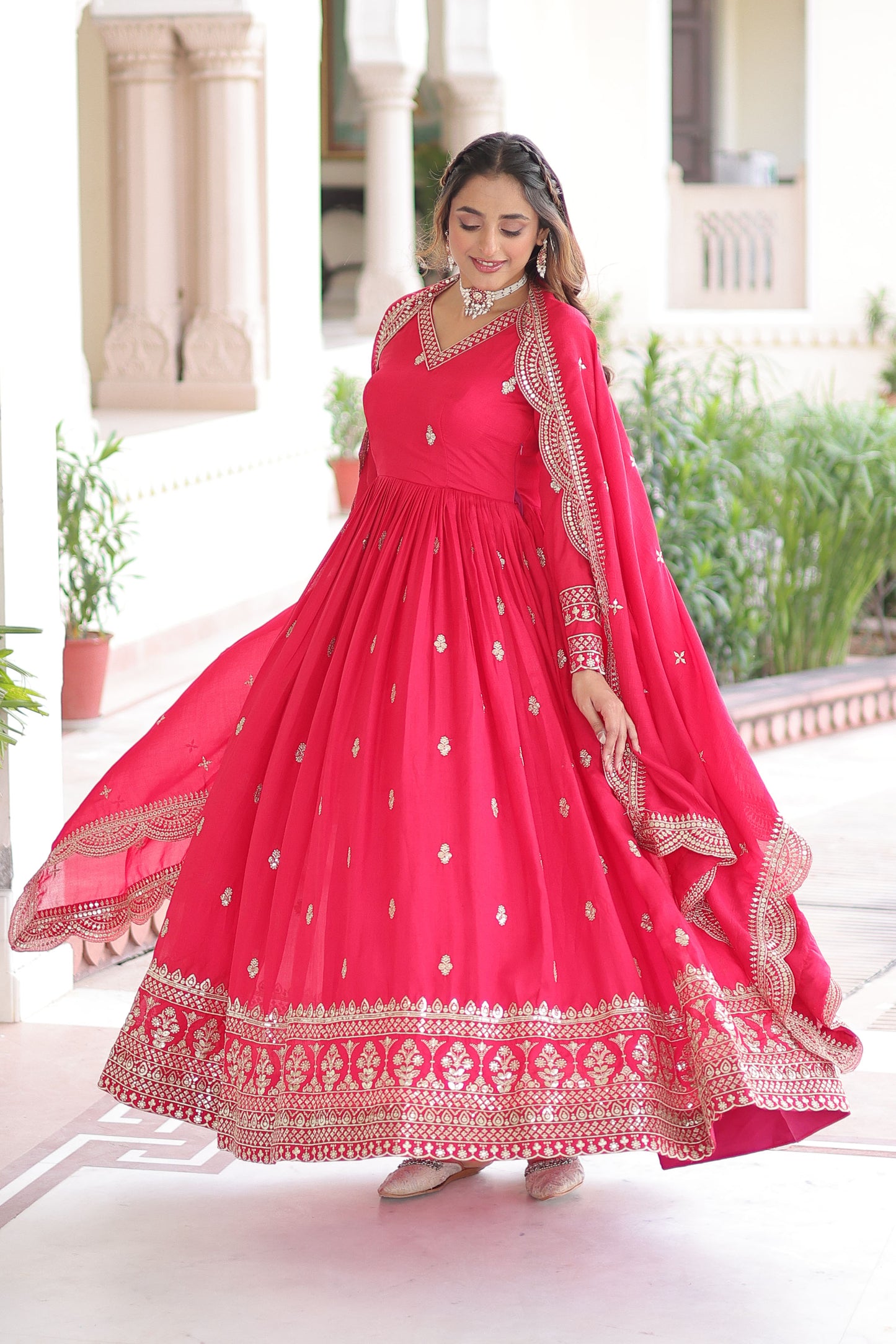Mrianalika Crimson Red Gown with Dupatta