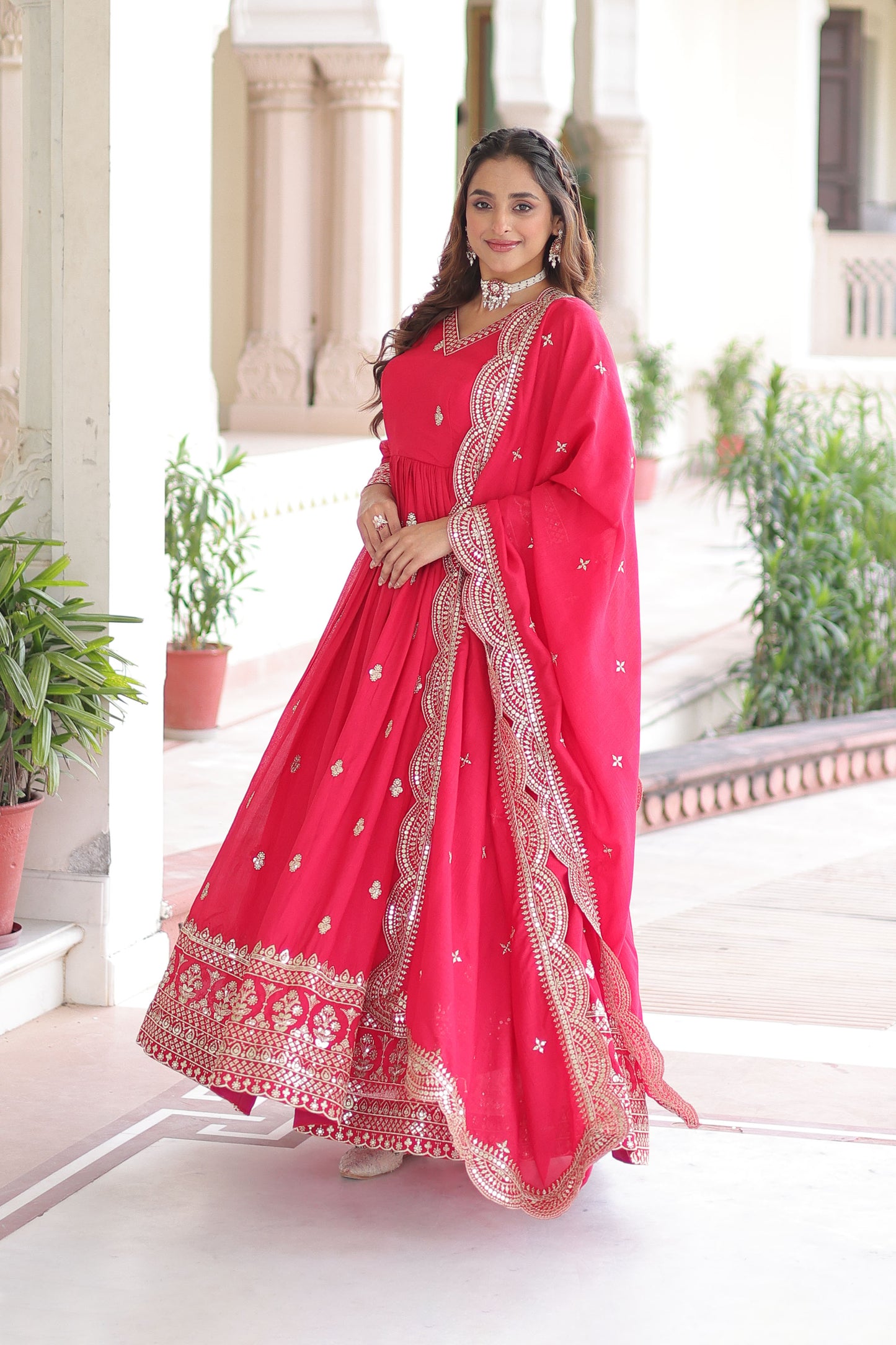 Mrianalika Crimson Red Gown with Dupatta