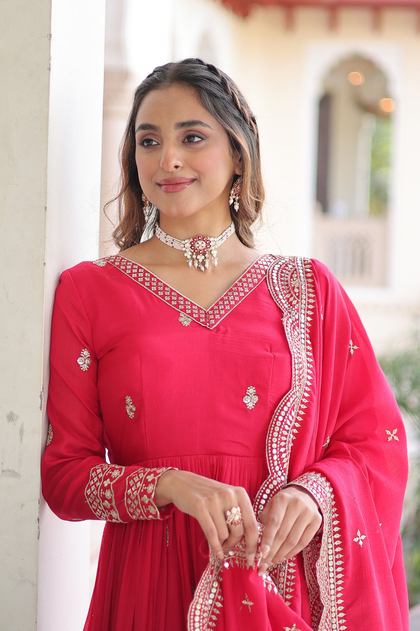 Mrianalika Crimson Red Gown with Dupatta
