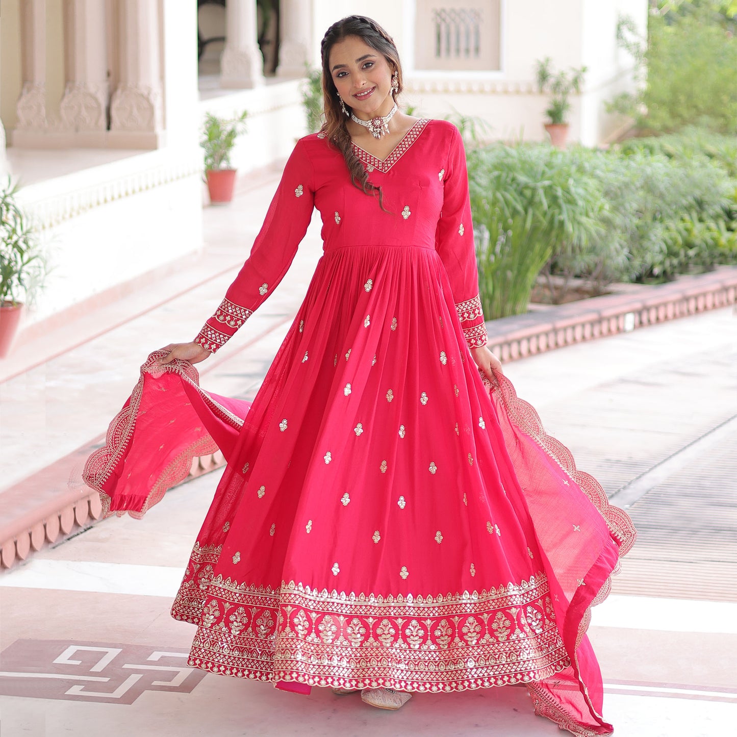 Mrianalika Crimson Red Gown with Dupatta
