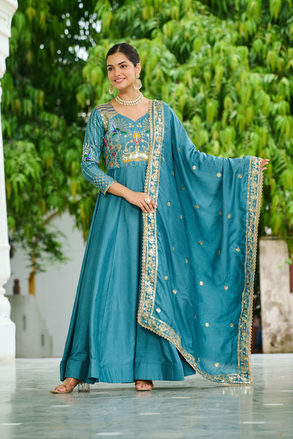 Mahveenah Teal Blue Gown with Dupatta