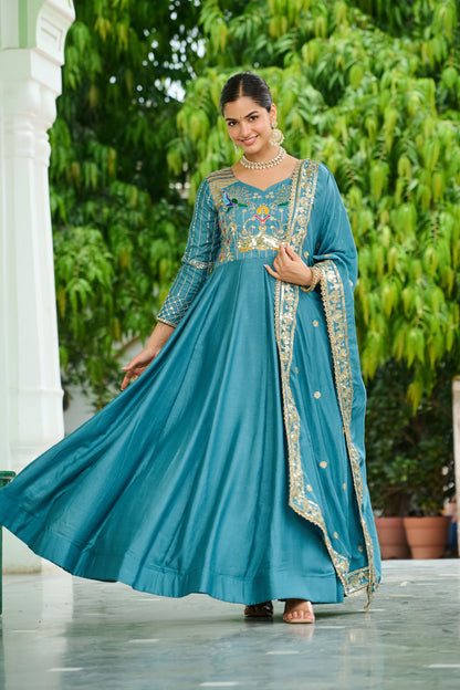 Mahveenah Teal Blue Gown with Dupatta
