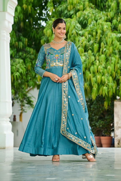 Mahveenah Teal Blue Gown with Dupatta